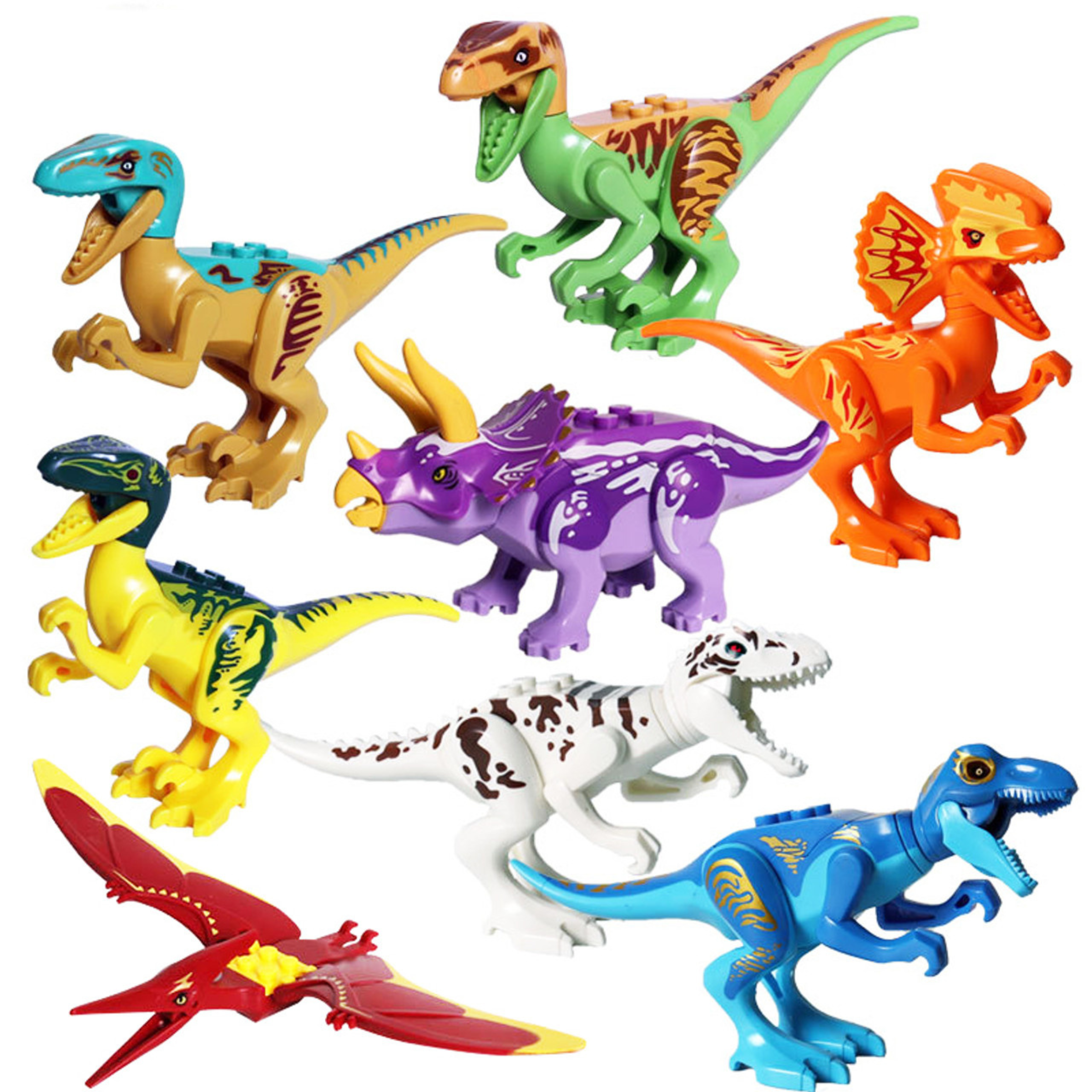 Jurassic World Dinosaur Minifigure Set 2 of 8pcs T-Rex Triceraptors Pterodactyl Velociraptor