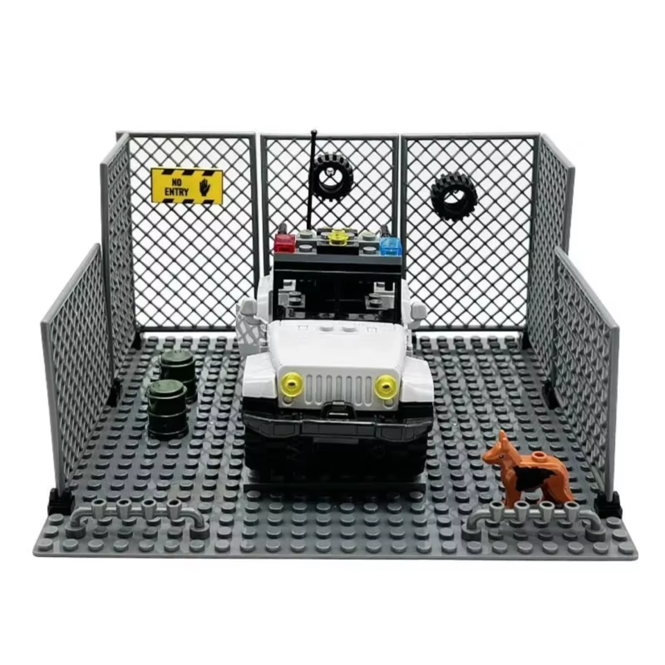 White Military Jeep and K9 Security Compound Building Block Set