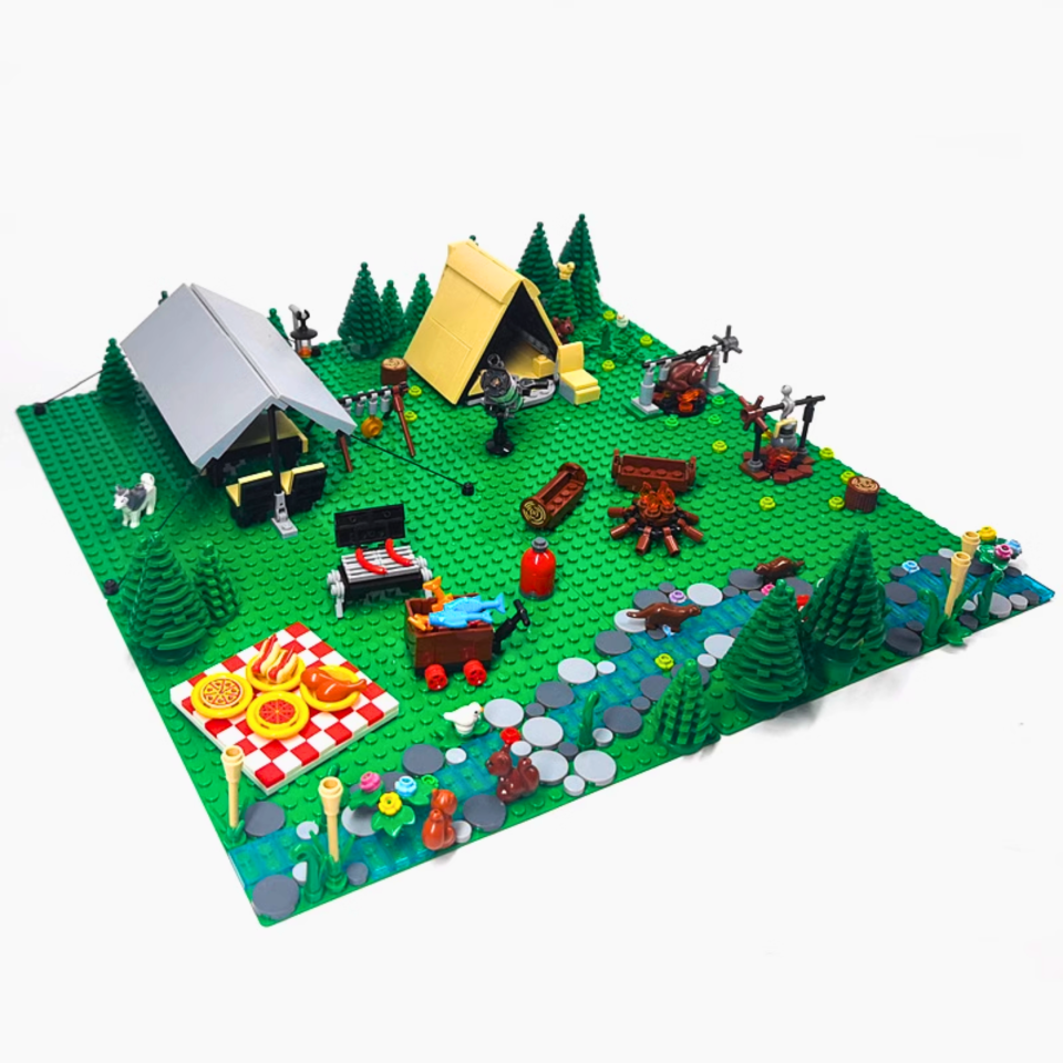 Wilderness Camping Scene with Tents, Picnic, and Forest Accessories – Building Blocks Set