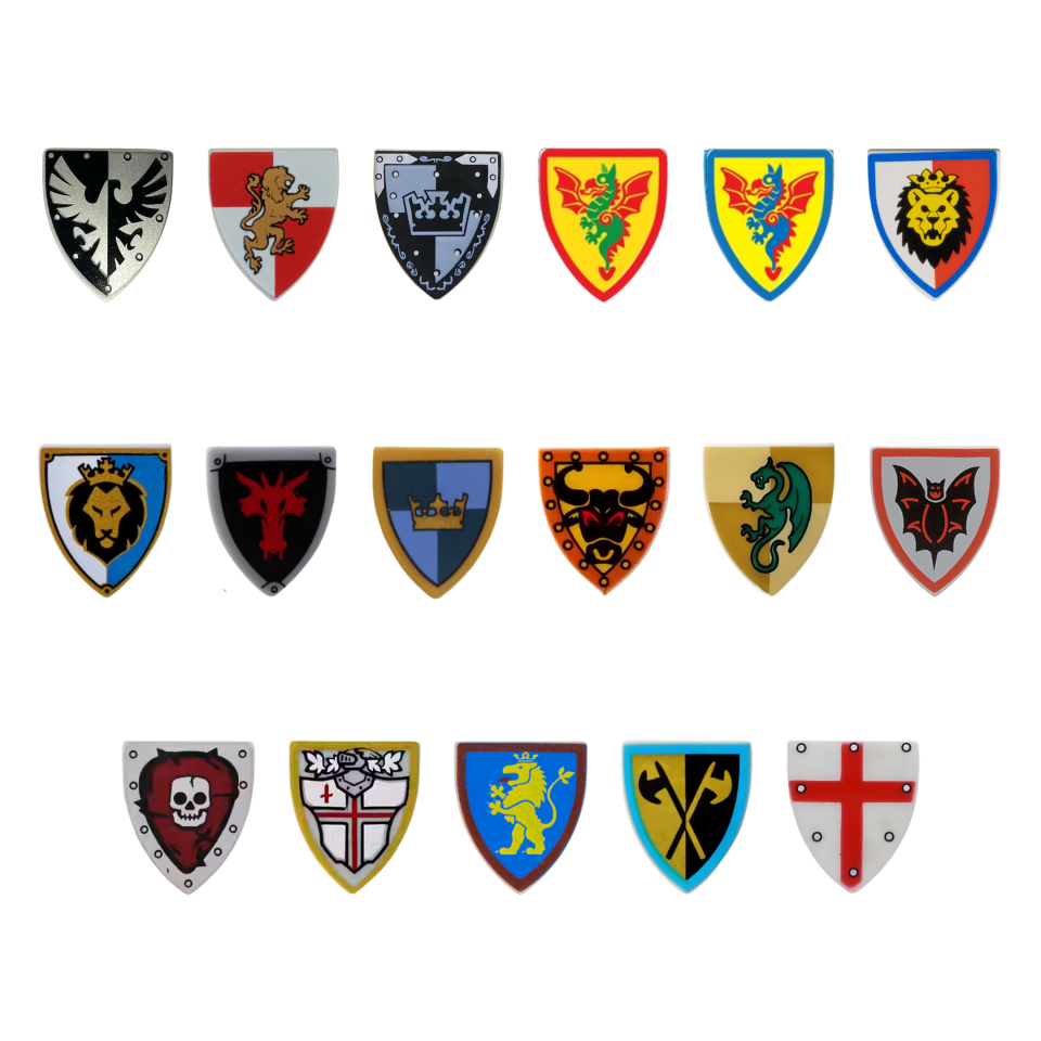 Knight Shields – Accessories Pack for Minifigures | 17 Styles with Unique Faction Designs (10pcs per Style)