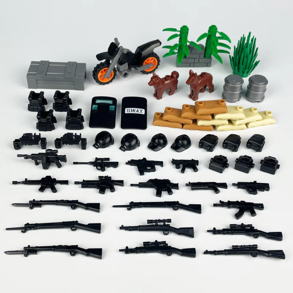 Tactical Weapons & Gear Accessories Pack for Minifigures – SWAT Shields, Helmets, Dogs, and Sandbags