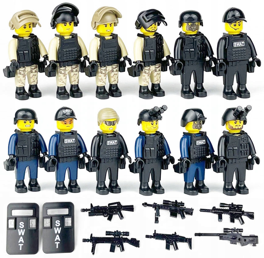 Special Forces and SWAT Minifigure Set – 12 Soldiers with Weapons and Riot Shields