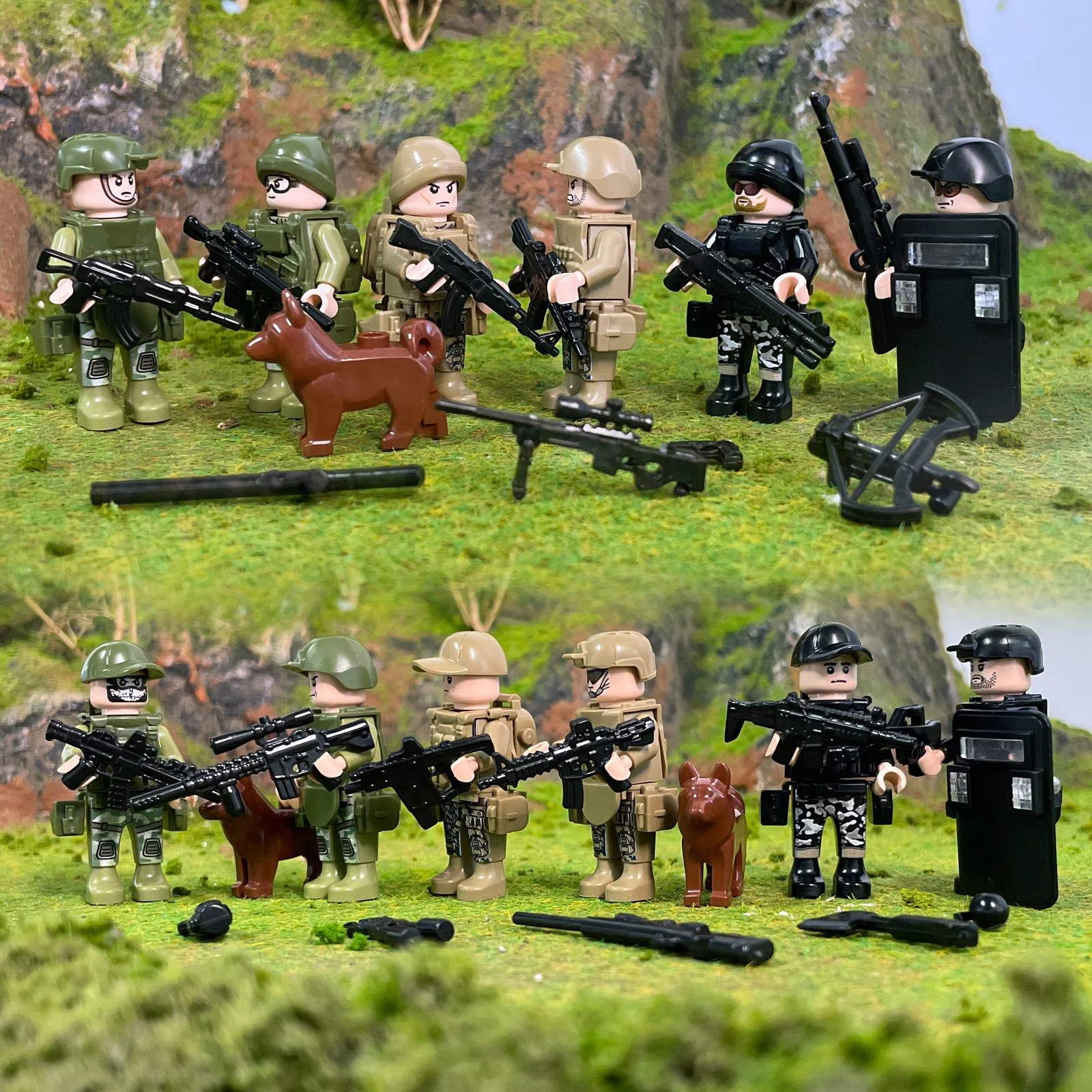 Modern Military Minifigure Set – 12 Soldiers with Weapons, Shields, Gear, and Dogs